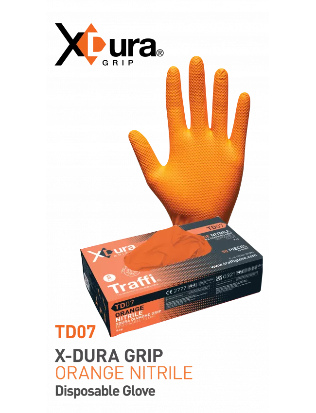 Orange Heavy-Duty Nitrile Gloves Diamond textured