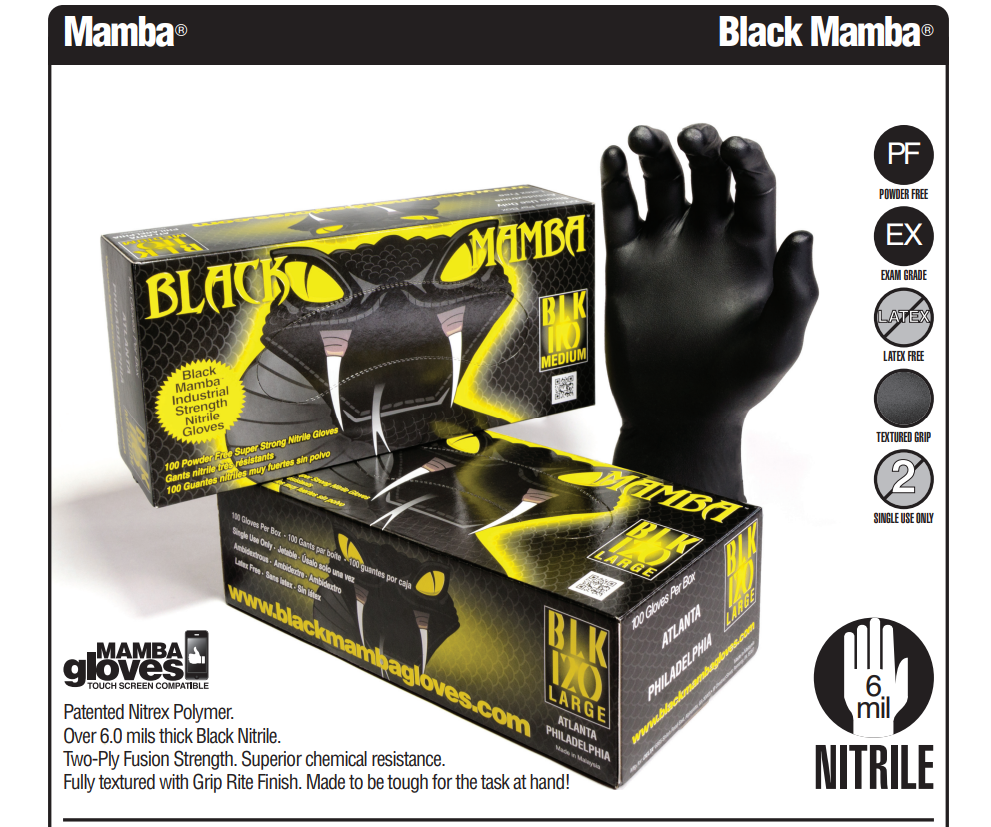 Black Mamba Industrial Strength Nitrile Gloves - QTY Box of 100