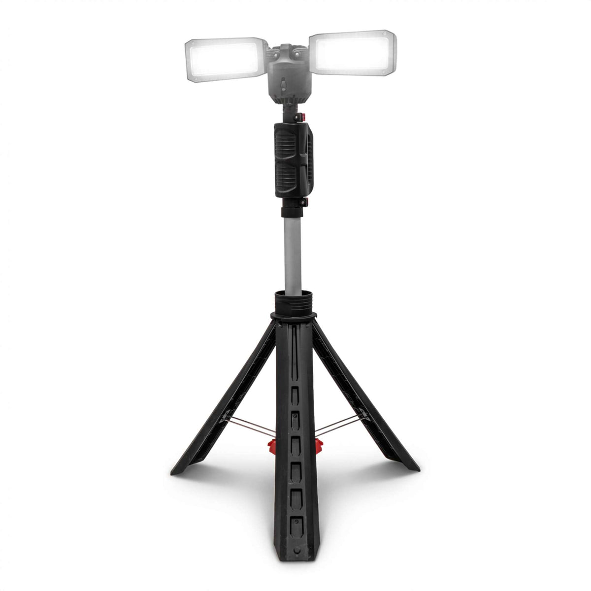 A portable LED light stand with a black tripod base, adjustable pole, and dual rectangular light heads, shown on a plain white background.
