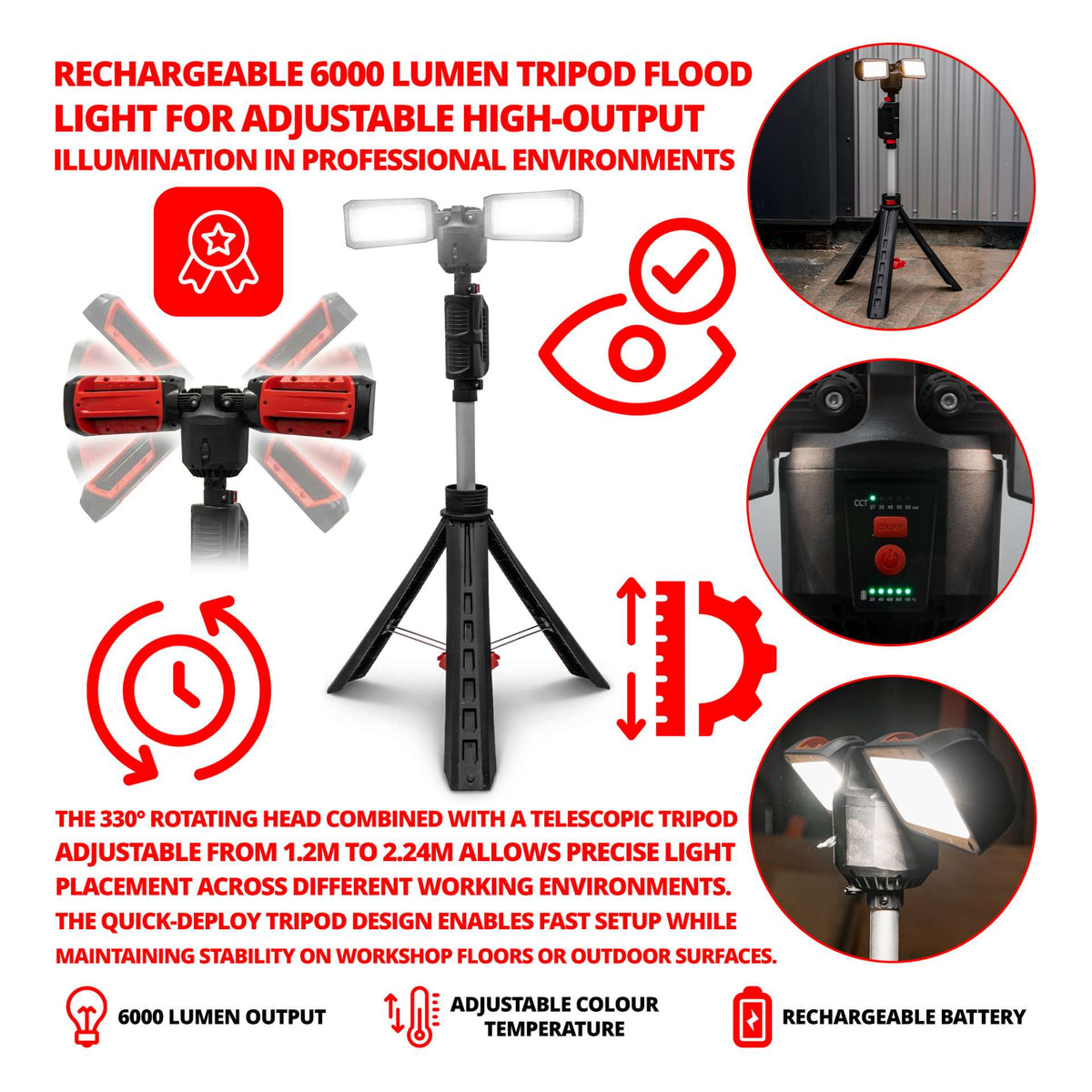Rechargeable 6000 Lumen Adjustable Tripod Flood Light
